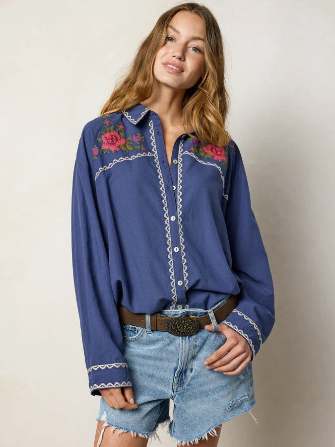 Round Top Embroidered Button Down