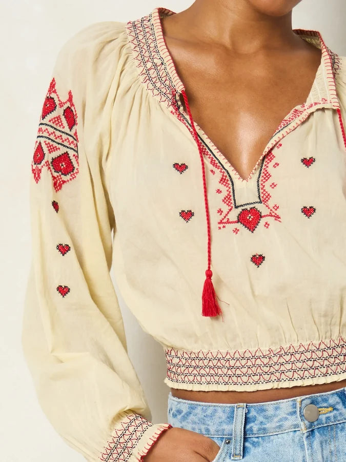 Embroidered Cotton Long Sleeve Peasant Top