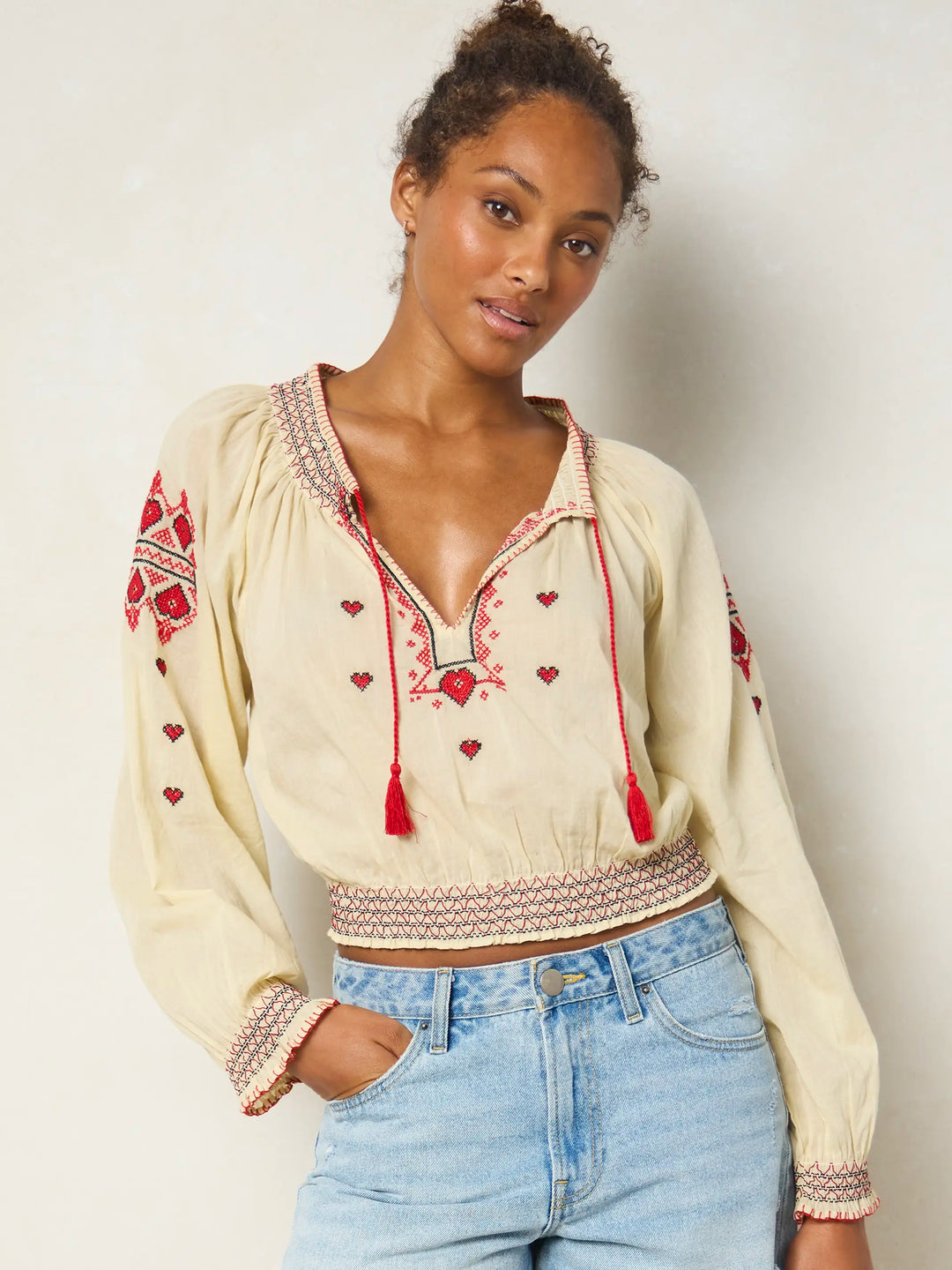 Embroidered Cotton Long Sleeve Peasant Top