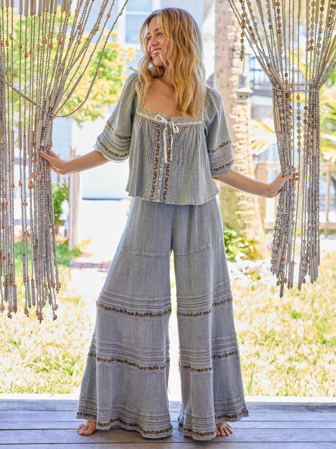 Patti Embroidered Cotton Palazzo Pants