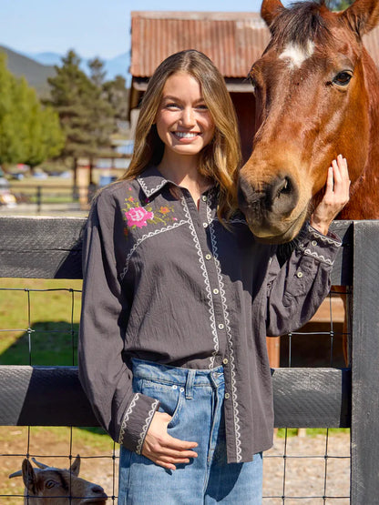 Round Top Embroidered Button Down