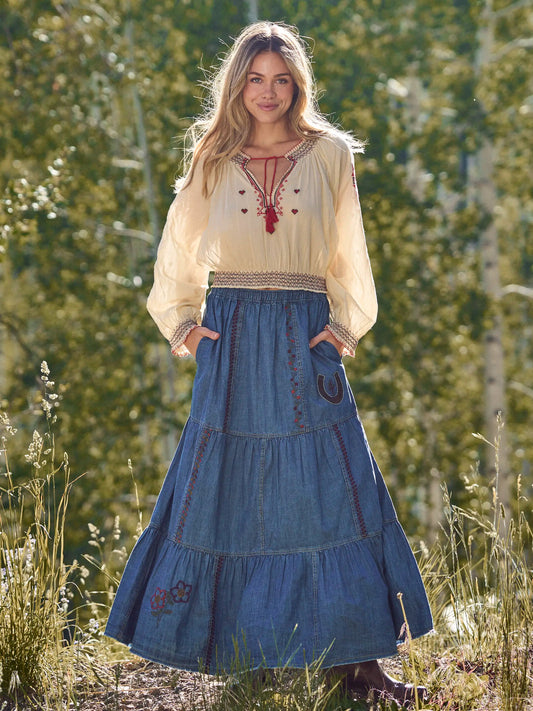 Embroidered Cotton Long Sleeve Peasant Top