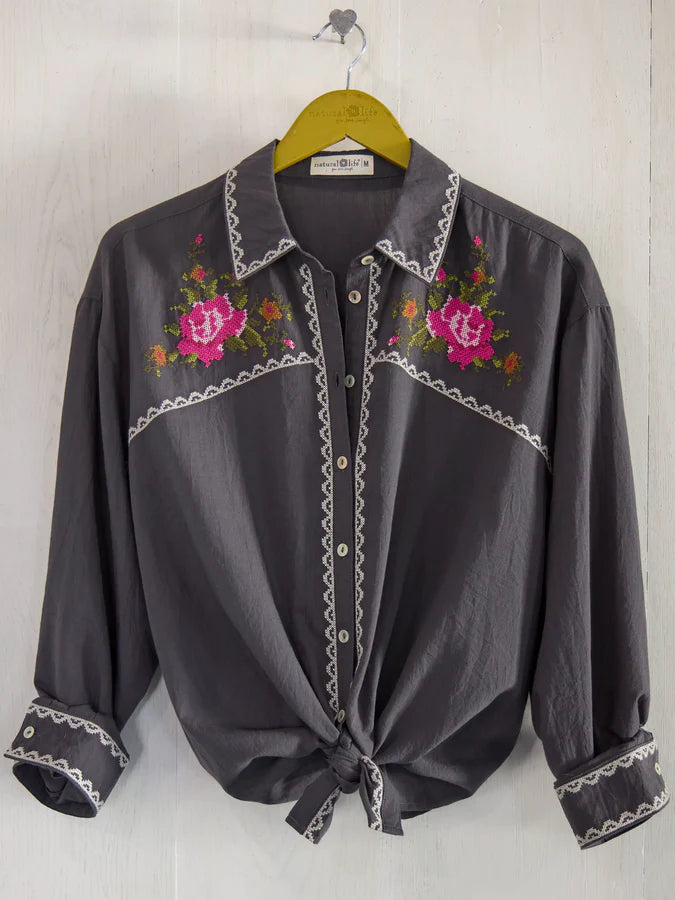 Round Top Embroidered Button Down