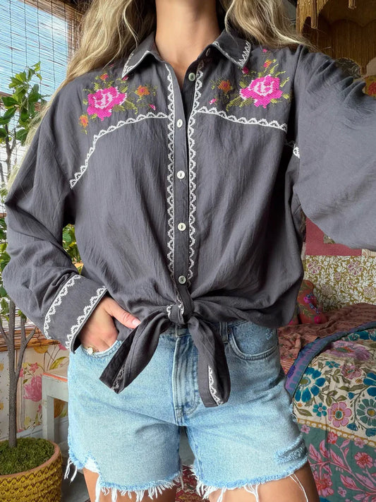 Round Top Embroidered Button Down