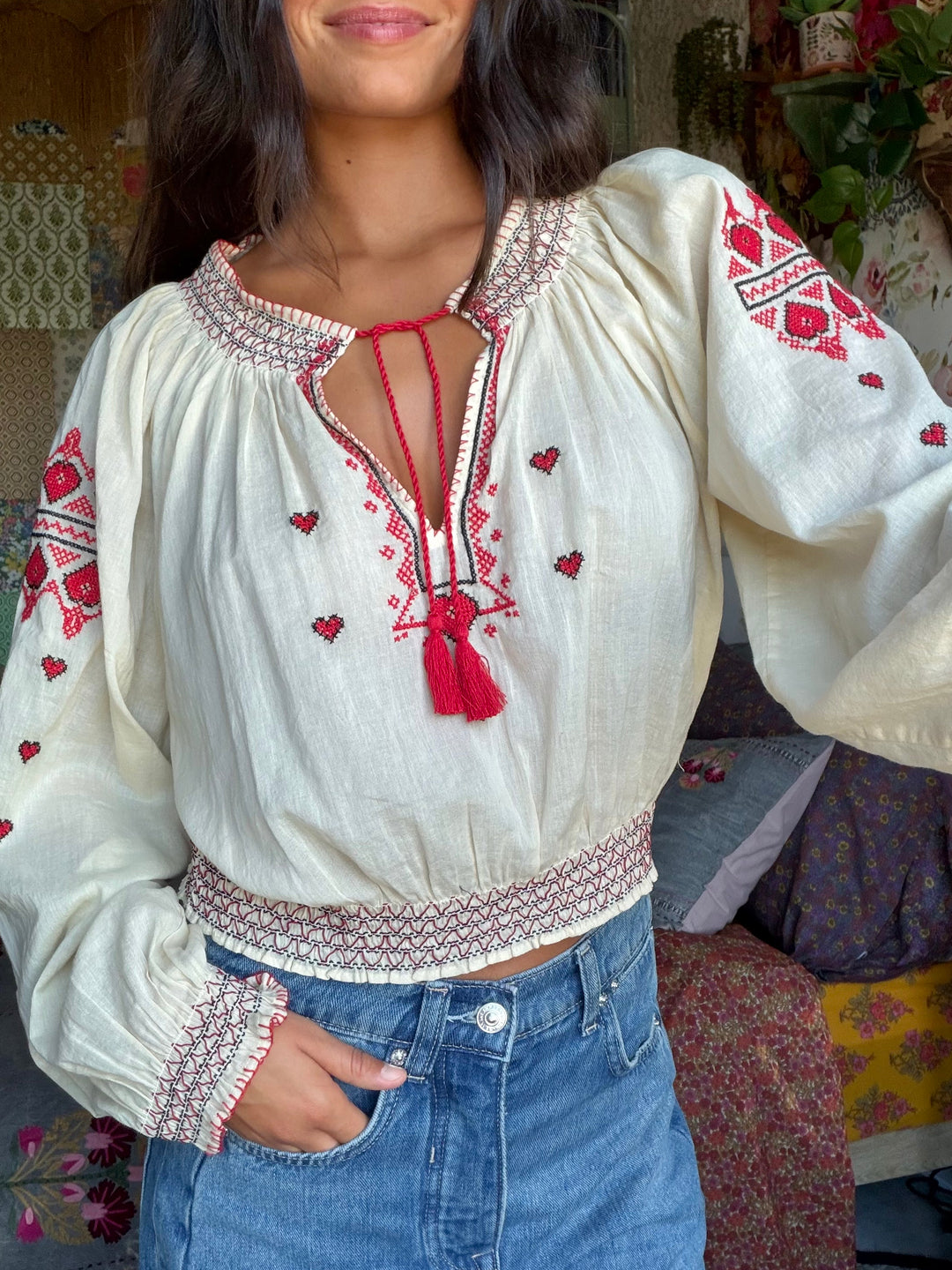 Embroidered Cotton Long Sleeve Peasant Top