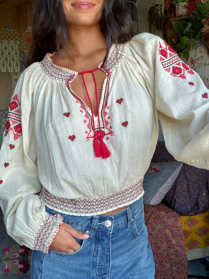 Embroidered Cotton Long Sleeve Peasant Top