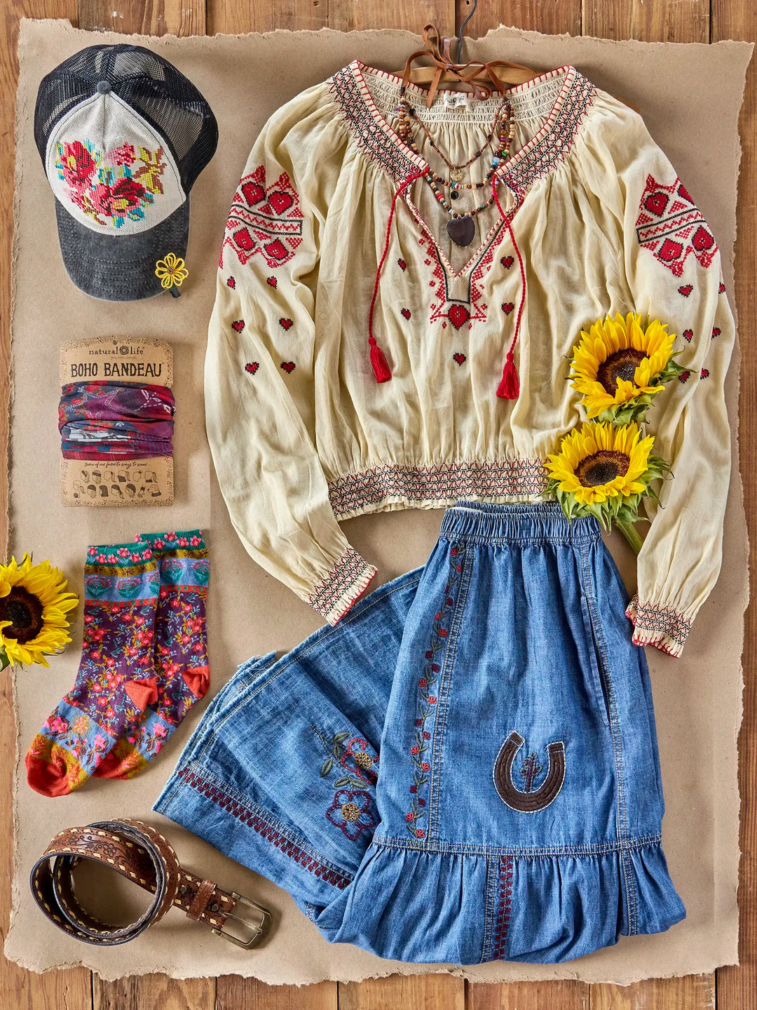 Embroidered Cotton Long Sleeve Peasant Top
