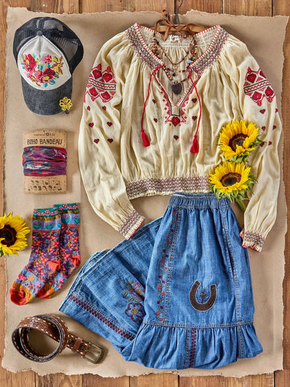 Embroidered Cotton Long Sleeve Peasant Top