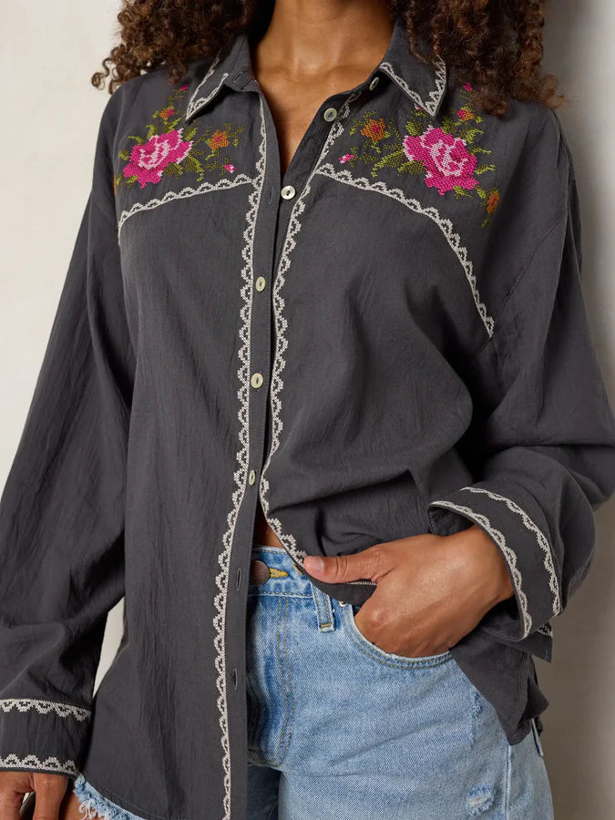 Round Top Embroidered Button Down