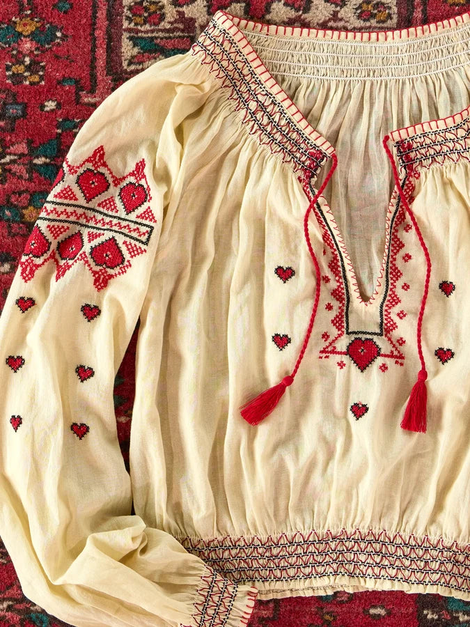 Embroidered Cotton Long Sleeve Peasant Top