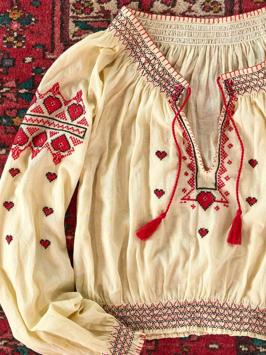 Embroidered Cotton Long Sleeve Peasant Top