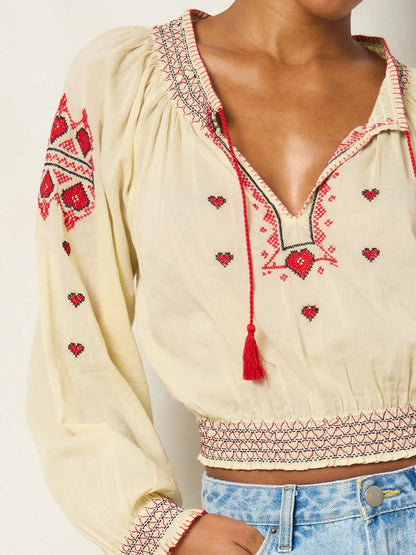 Embroidered Cotton Long Sleeve Peasant Top